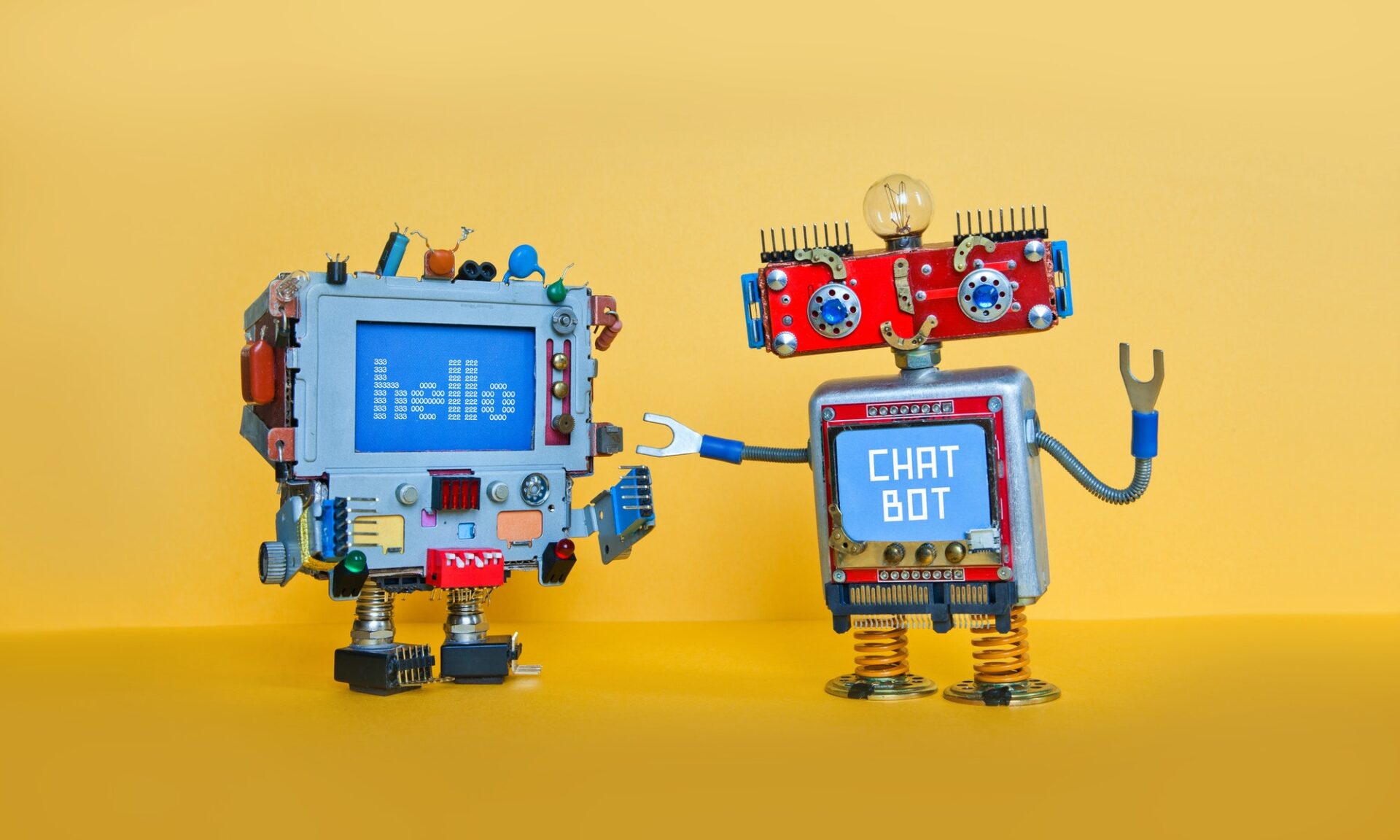 Chat Bot Robot Welcomes Android Robotic Character Creative Design Toys On Yellow Background 